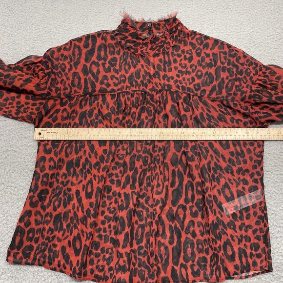 Zara Sheer Top Womens Small Red Black Animal Print Blouse Mock Neck Flowy - Picture 6 of 7
